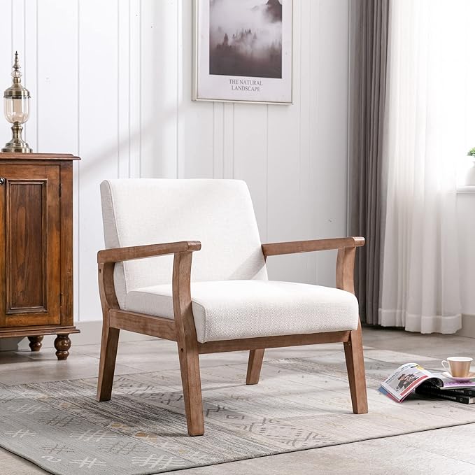 Accent Chair Mid Century Modern Armchair, Linen Upholstered Living Room Accent Armchair with Wood Frame, Farmhouse Chair Indoor Corner Chair for Living Room Bedroom, Ivory-Ruum Studio Home