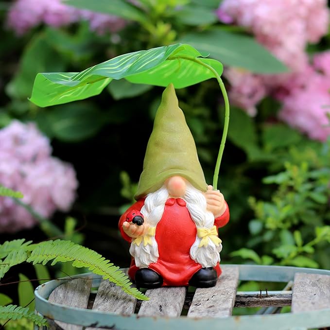 Garden Female Gnome Statue Decoration with Leaf Umbrella, 7.5” Figurine Ornament for Indoor Outdoor Home Patio Yard Lawn, for Gnome Lovers & Garden Enthusiasts，Mom，Women-Ruum Studio Home