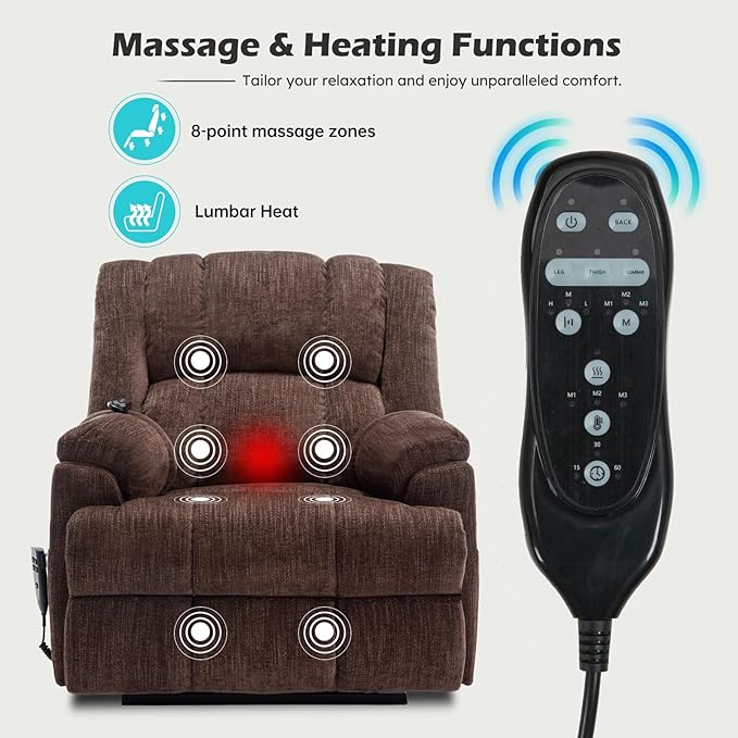 Dual Motor Power Lift Recliner Chair with Massage and Heat for Elderly People, Infinite Position, Brown Recliner Chair, Chenille Fabric Lift Chair-Ruum Studio Home