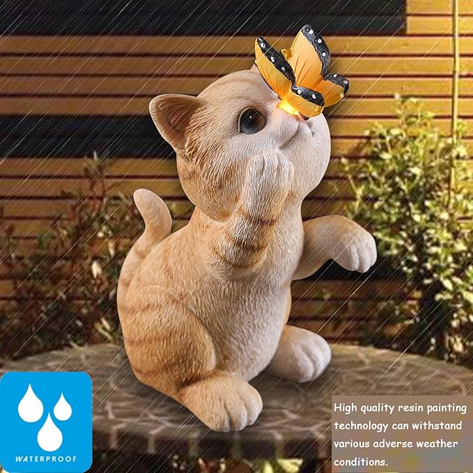 Solar Garden Statue Cute Cat Figurine Fun Color Changing LED Butterfly Light Outdoor Decor Waterproof Resin Sculpture Patio Lawn Art Housewarming Gifts for Cat Lovers Women-Ruum Studio Home