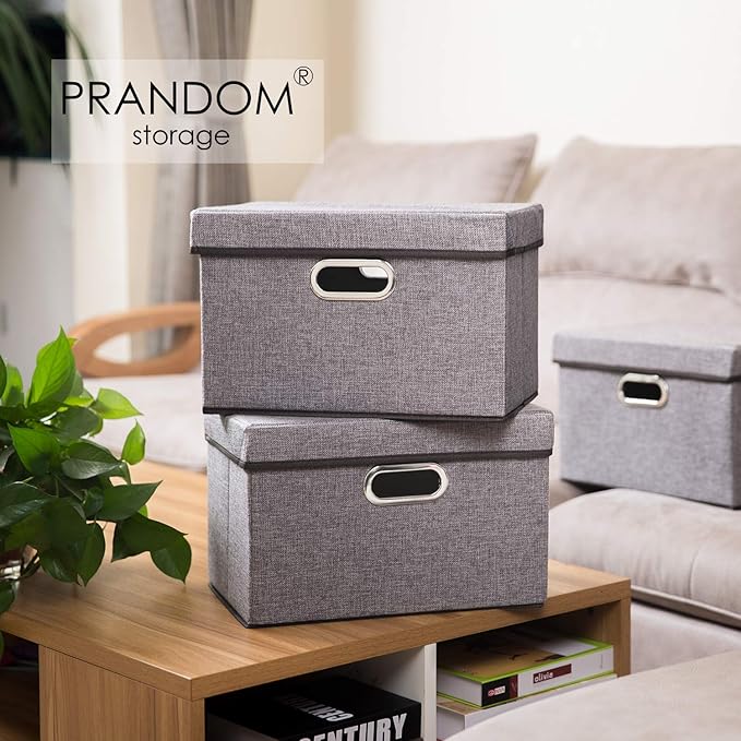 PRANDOM Foldable Storage Boxes with Lids [3-Pack] Linen Fabric Collapsible Storage Bins Organizer Containers Baskets Cube with Cover for Home Bedroom Closet Office Nursery (14.9x9.8x9.8)-Ruum Studio Home