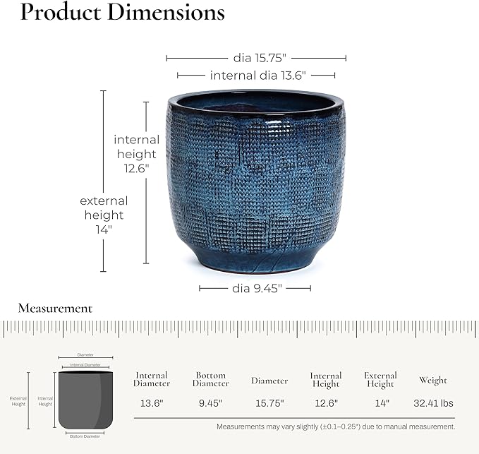 LuxenHome 15.5" Dia Large Ceramic Pots for Plants, Ocean Blue Glazed Planters for Outdoor Plants, Round Indoor Flower Pots with Drainage Hole and Rubber Plug for Home Garden Patio-Ruum Studio Home