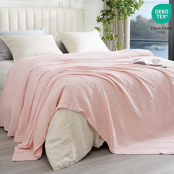 PHF Cooling Waffle Blanket Queen Size, Lightweight 60% Rayon Derived from Bamboo & 40% Cotton Breathable Blanket for Hot Sleepers, Soft and Luxury for Bed Couch and Sofa, 90"x90", Pink-Ruum Studio Home