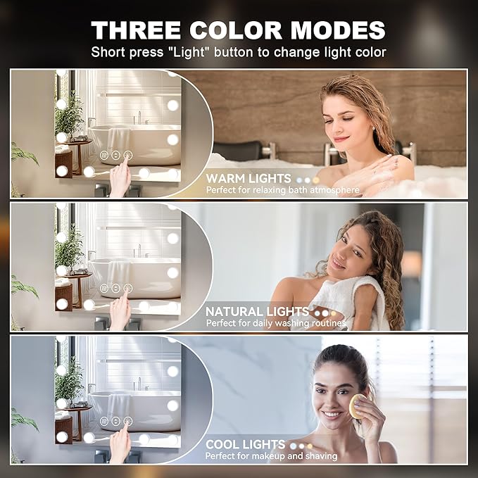 Hasipu LED Bathroom Mirror with Lights, 32" x 32" Hollywood Wall-Mounted Bathroom Mirror with 16 Dimmable Bulbs, 3 Colors Modes, Touch Control, Anti-Fog, Memory Function, Shatter-Proof, ETL Listed-Ruum Studio Home