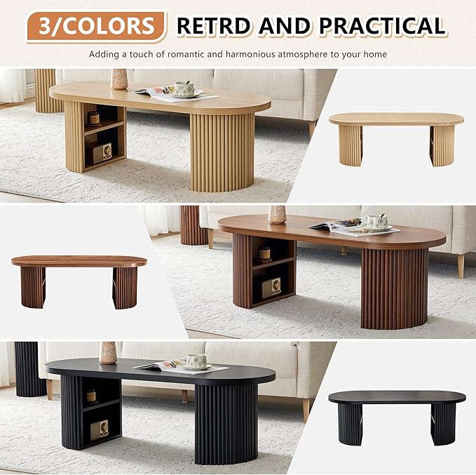 Oval Fluted Coffee Table, 47" Farmhouse Wood Coffee Table Mid Century Modern Center Table Boho Living Room Tables for Living Room Office,Black-Ruum Studio Home