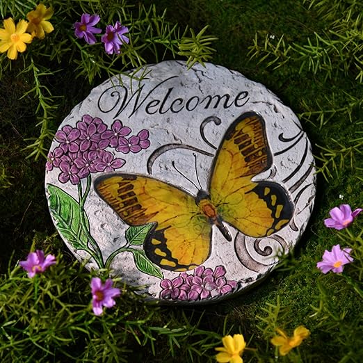 Garden Décor Stepping Stones Outdoor - Resin Butterfly Decorative Stone Bright Color Memories Pavers Outdoor for Garden Yard 9.5 * 9.5 * 0.5 Inch LC Lcdecohome-Ruum Studio Home