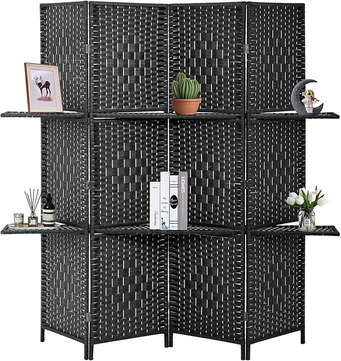 PayLessHere Room Divider Room Screen Divider Wooden Screen Folding Portable Partition Screen Wood with Removable Storage Shelves (Black, 4 Panel)-Ruum Studio Home