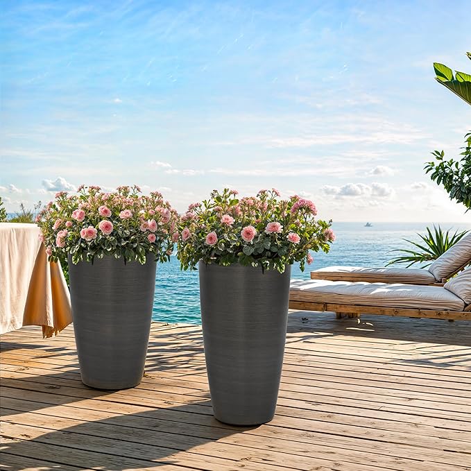22.8" Resin Planters for Outdoor Plants, Set of 2 Modern Large Flower Pots with Handmade Brushed Metal Finish, Weather Resistant for Indoor/Outdoor Year-Round Use-Ruum Studio Home