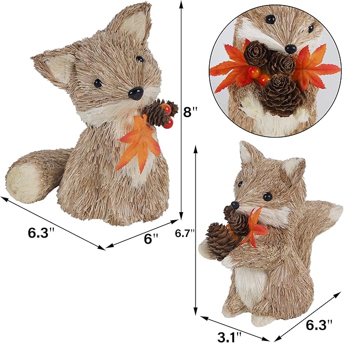 winemana Fall Decor Thanksgiving Decoration Sisal Fox, Set of 2 Table Centerpiece Foxes Animals Figurines, Handmade Ornaments Autumn Fall Decorations for Home Mantel Fireplace-Ruum Studio Home