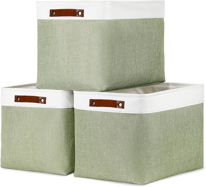 DULLEMELO 16 inch Fabric Storage Basket, Decorative Storage Boxes with Leather Handle for Closet Shelf Nursery, Collapsible Linen Storage Bins for Organizing Toys Book Towel Organizers(White&Green)-Ruum Studio Home