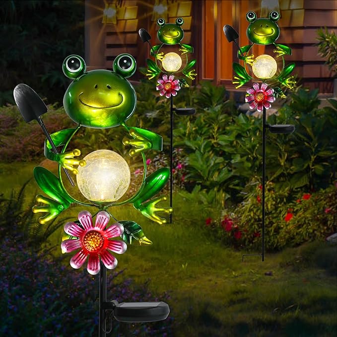 Afirst Solar Lights Outdoor Decorative Metal Frog Crackle Glass Globe Warm White LED Metal Waterproof Garden Stake Lights for Walkway Pathway Lawn Patio Yard Decorations-Ruum Studio Home