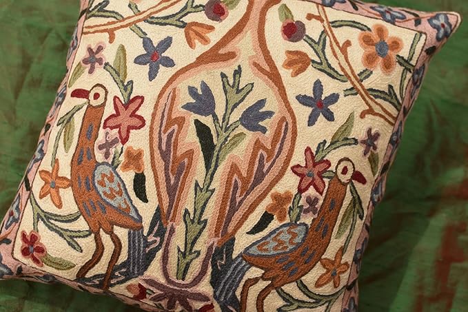 Tree of Life Pillow Cover - Crane Cream Floral Outdoor Pillows | Suzani Cushions | Modern Floral Cushion Hand Embroidered Shams Wool Size - 18x18-Ruum Studio Home