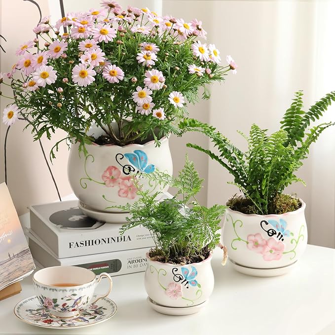 Ceramic Plant Pots with Drainage Holes and Saucers, Round Flower Pots for Indoor Plant, 3.9/5.2/6.7 Inches Flower Large Planters Set of 3-Ruum Studio Home