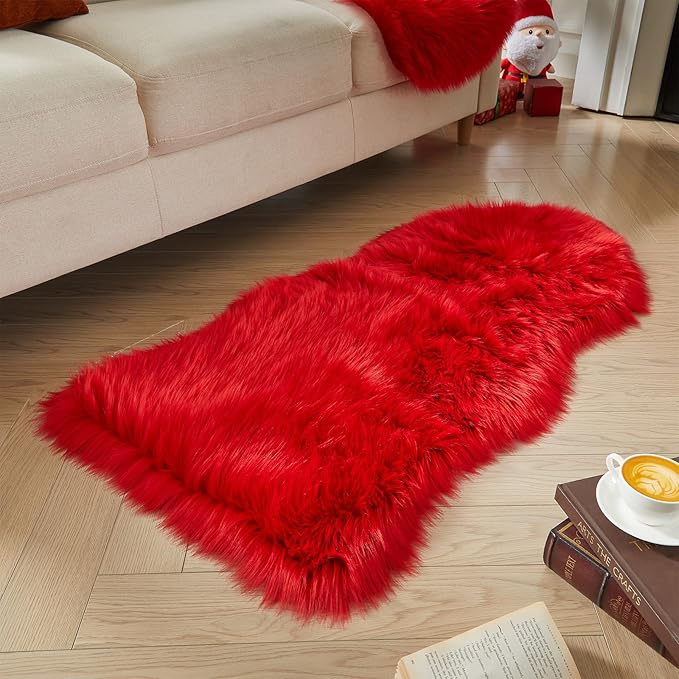 AMTOVO Faux Fur Rug, Red Area Rug, Fluffy Sheepskin Rug, Fuzzy Ultra Soft 2 x 4 ft Shag Rugs for Bedroom Sofa Throw Cushion Room Decor, Sheepskin-Ruum Studio Home