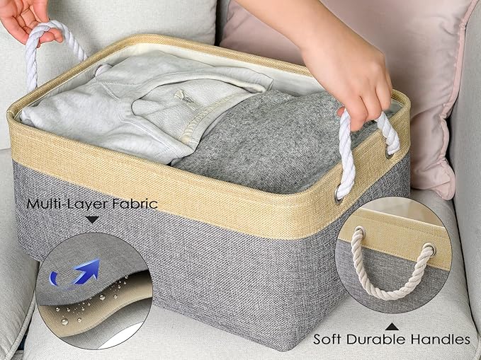 TheWarmHome Decorative Basket Rectangular Fabric Storage Bin Organizer Basket with Handles for Clothes Storage (Gold&Grey, Medium-1Pack,13.8L*9.8W*6.7H)-Ruum Studio Home