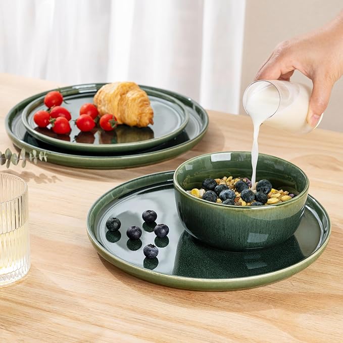 GBHOME Ceramic Dinnerware Sets for 8, 24 Pieces Stoneware Plates and Bowls Sets, Reactive Glaze Dishes -Scratch Resistant, Dishwasher&Microwave Safe, Earth Green-Ruum Studio Home
