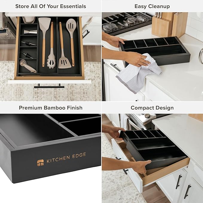 Adjustable Kitchen Drawer Organizer for Utensils and Junk, Food-Safe Contract Grade with 100% Sustainable Wood, Expandable from 10.5 to 19 Inches Wide - Black Bamboo-Ruum Studio Home