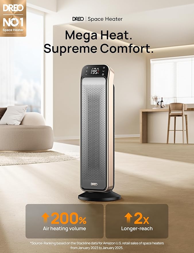 Dreo Space Heater Indoor, 25" 11.5ft/s Fast Portable Room Heater with Remote and Thermostat, 3 Modes, Overheating & Tip-Over Protection, Electric Heaters for Indoor Use Large Room, Bedroom, Gold-Ruum Studio Home