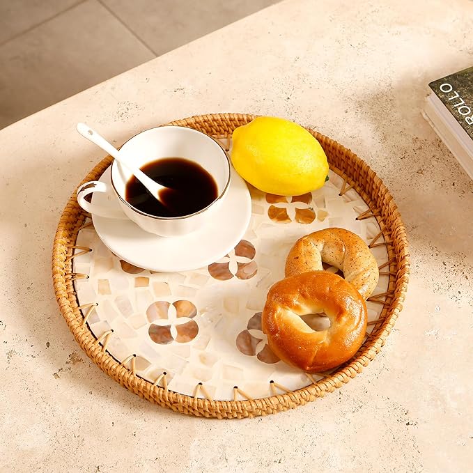 Round Rattan Tray with Mother of Pearl Inlay & Wooden Base - Decorative Wicker Serving Tray for Coffee/Bread/Fruits, Food Storage & Display - Multipurpose Home Decor (M,Four-Petal Flower)-Ruum Studio Home