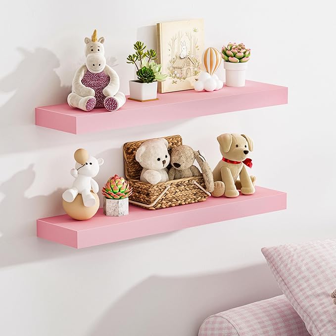 BAMEOS Pink Floating Shelves for Wall, 24" x 6" Wall Shelves for Room, Floating Book Shelves, Hanging Shelves for Bedroom, Bedroom, Living Room, Kitchen (Set of 2)-Ruum Studio Home