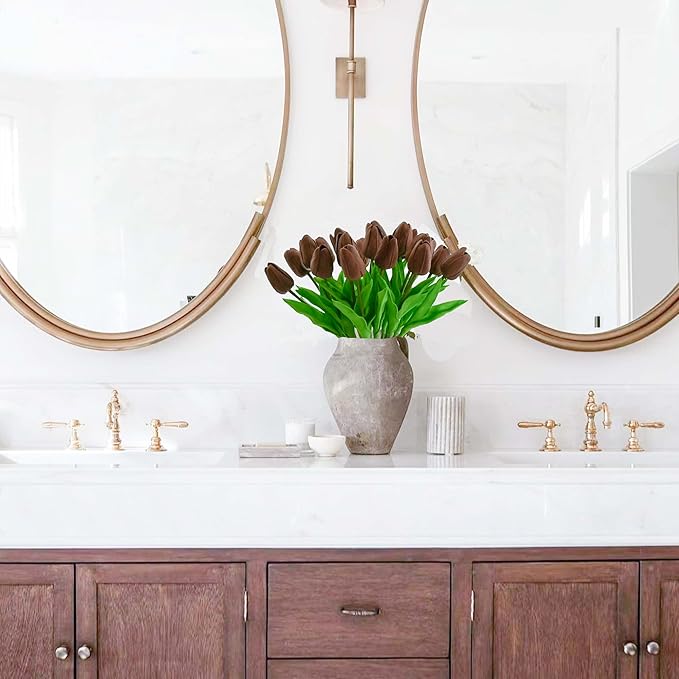 Mandy's Artificial Tulips 20 Stems Brown PU Faux Flowers for Wedding Home Decor 13.5 Inch-Ruum Studio Home