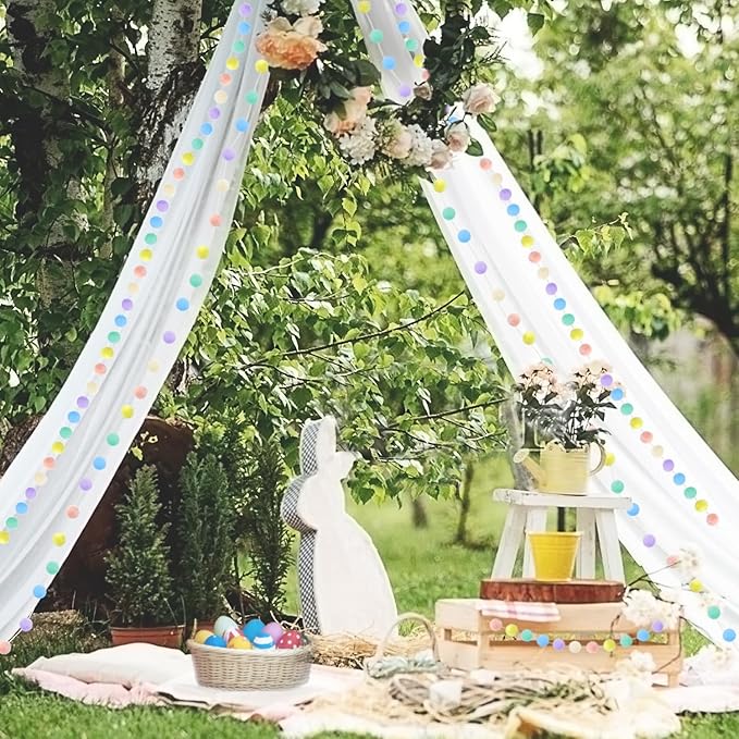 3pk Pastel Pom Pom Garland Easter Decorations Spring Home Decor Indoor Living Room Wall Classroom Xmas Tree, Cute Hanging Rainbow Colorful Felt Ball Garland Baby Shower Wedding Birthday Party Supplies-Ruum Studio Home