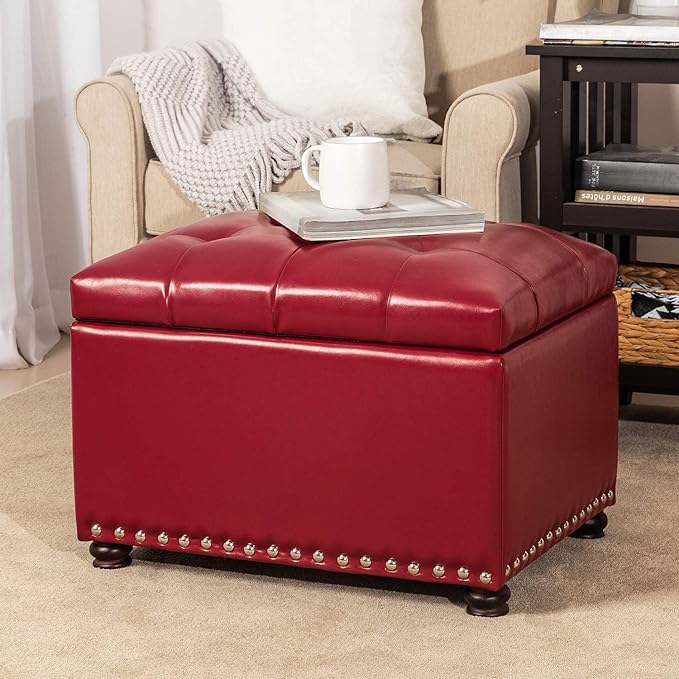 24'' Leather Storage Ottoman Rectangular Foot Rest Stool with Nailhead Trim for Bedroom Living Room(Red)-Ruum Studio Home
