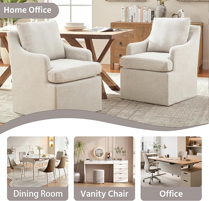 VKNOW Upholstered Dining Chairs, Modern Kitchen Chairs Dinner Chairs with 4 Casters, Linen Armchair for Bedroom Reading Room Living Room, Beige-Ruum Studio Home