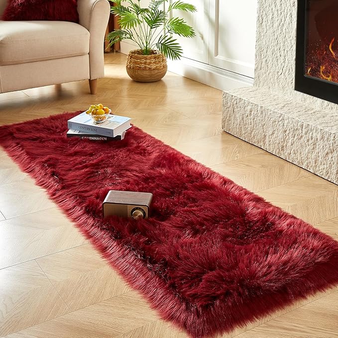 AMTOVO Faux Fur Rug, Burgundy Ultra Soft Fluffy Shag Sheepskin Rug, 2 x 6 ft Runner Area Rugs for Bedroom Sofa Throw Cushion Room Decor, Rectangle-Ruum Studio Home