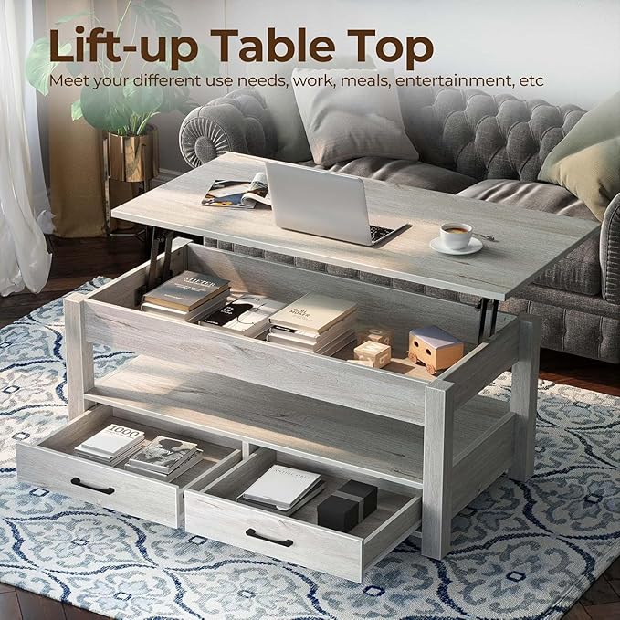 Rolanstar Coffee Table, Lift Top Coffee Table with Drawers and Hidden Compartment, Living Room Table with Wooden Lift Tabletop, for Living Room, Grey-Ruum Studio Home