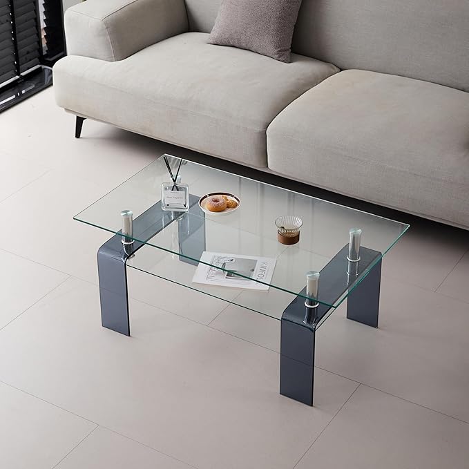 Glass Coffee Table Rectangle Living Room Center Table with Storage, Clear Tempered Glass Tabletop and Smoke Grey Leg,for Living Room and Office (Clear+Smoke)-Ruum Studio Home