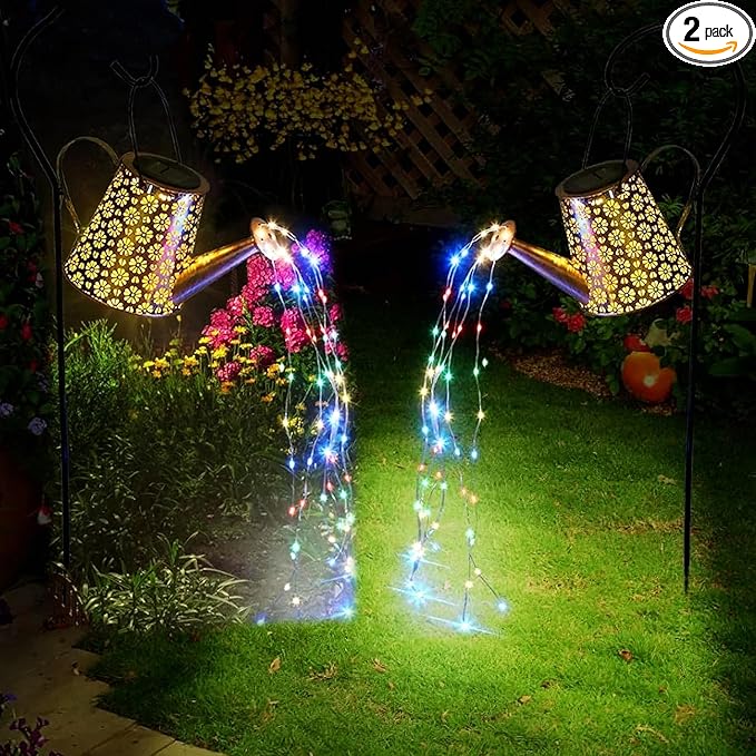 2 Pack Solar Watering Can Lights with Shepherd Hook, 8 Multi-Color Changing Modes, IP65 Waterproof, 60pcs String Lights for Outdoor Garden Pathway Lawn Patio Deck Walkway Courtyard-Ruum Studio Home