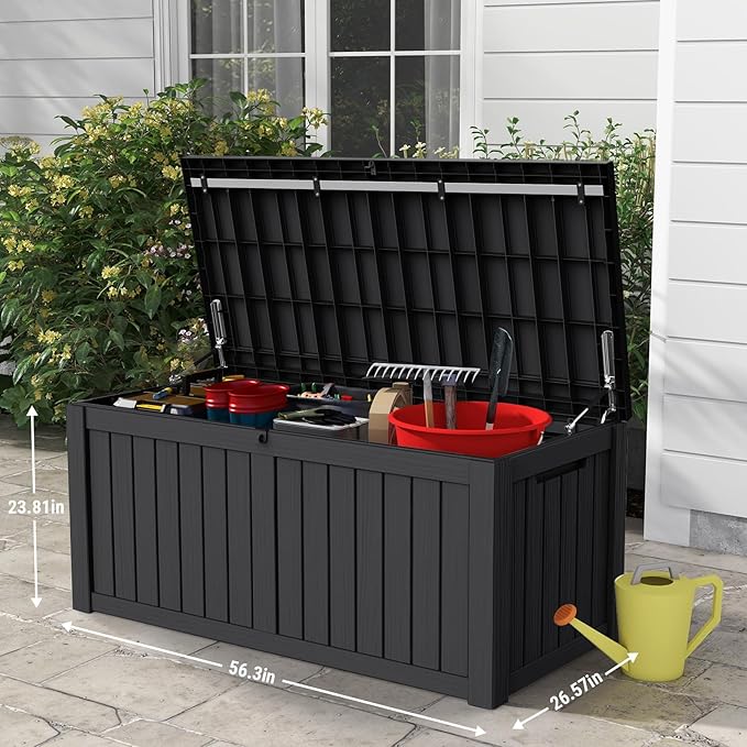 Mars Villa 119 Gallon Outdoor Storage Box Waterproof, Large Resin Deck Box for Pool Supplies Storage, Outdoor Patio Furniture Cushions, with Hydraulic Hinge, UV-Resistant and Weatherproof, Black-Ruum Studio Home