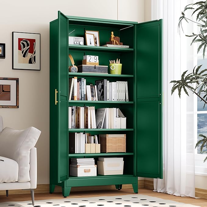 Kitchen Pantry Storage Cabinet with Doors and Adjustable Shelves, Metal ClosetMaid Food Pantry Cabinets, 75" Tall Freestanding Cupboard for Kitchen, Laundry or Utility Room, Green-Ruum Studio Home