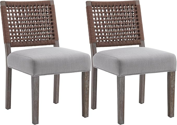 Kmax Farmhouse Dining Chairs Set of 2, Rustic Kitchen Chairs with Linen Fabric Seat and Woven Back, Vintage Accent Chairs for Dining Room, Living Room, Grey-Ruum Studio Home