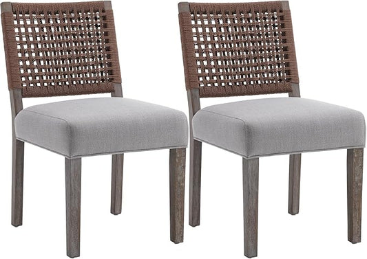 Kmax Farmhouse Dining Chairs Set of 2, Rustic Kitchen Chairs with Linen Fabric Seat and Woven Back, Vintage Accent Chairs for Dining Room, Living Room, Grey-Ruum Studio Home