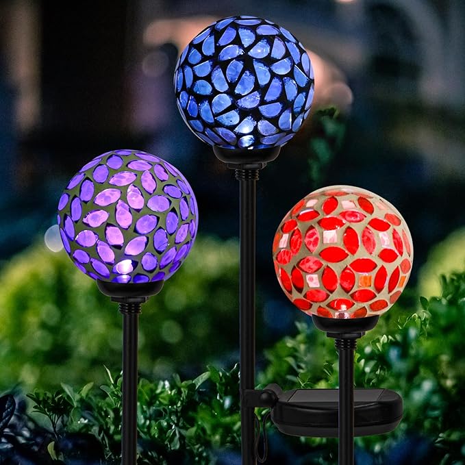 VCUTEKA Solar Garden Decorative Lights Outdoor, Mosaic Solar Light Waterproof LED Pathway Stake Light for Landscape Patio Yard Deck Walkway Decoration, 3 Pack （Blue&Purple&Red）-Ruum Studio Home