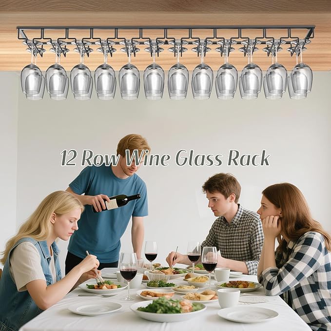 Xverycan Wine Glass Rack Under Cabinet, 12 Row Extreme Large Stemware Hanger, Metal Wine Goblet Holder, DIY Bar Glass Storage Rack for Bar Counter, Kitchen, Screws Included-Ruum Studio Home