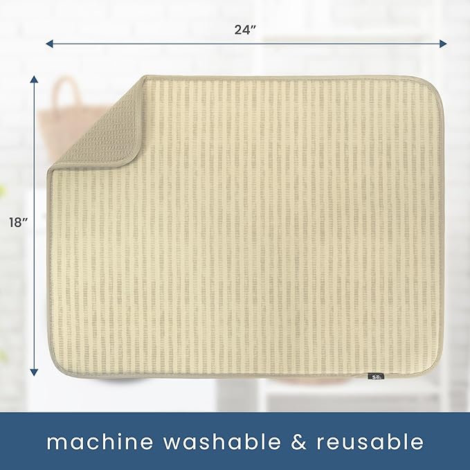 S&T INC. Dish Drying Mat XL, 18” x 24”, Absorbent Microfiber Kitchen Counter Mat, Dish Drying Pad for Dishes, Utensils, Pots and Pans, Extra Large, Cream Distressed Lines-Ruum Studio Home