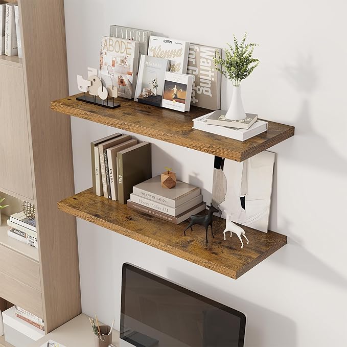36" Floating Shelves for Wall, 12" Deep Slim Rustic Brown Floating Shelves, Wall-Mounted Shelves for Bedroom, Living Room, Kitchen, Bathroom - Set of 2-Ruum Studio Home