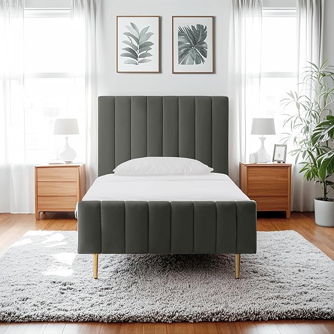 Livinia Twin Size Elton Velvet Platform Bed, Upholstered Bed Frame with Vertical Channel Tufted Headboard Footboard, Strong Wood Slats, No Box Spring Needed, Gray (Twin)-Ruum Studio Home
