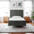 Livinia Twin Size Elton Velvet Platform Bed, Upholstered Bed Frame with Vertical Channel Tufted Headboard Footboard, Strong Wood Slats, No Box Spring Needed, Gray (Twin)-Ruum Studio Home