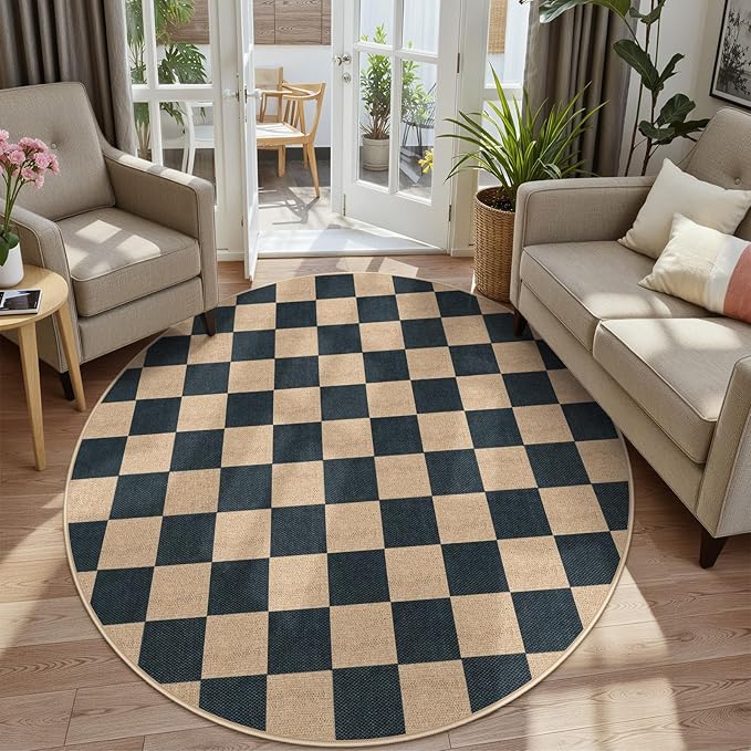 Lahome Checkered Round Rugs 6ft, Outdoor Patio Easy Jute Rug Indoor Outdoor Circle Carpet, Farmhouse Nature Non Shedding Non Slip Washable Black Carpet for Living Room Entry Deck-Ruum Studio Home