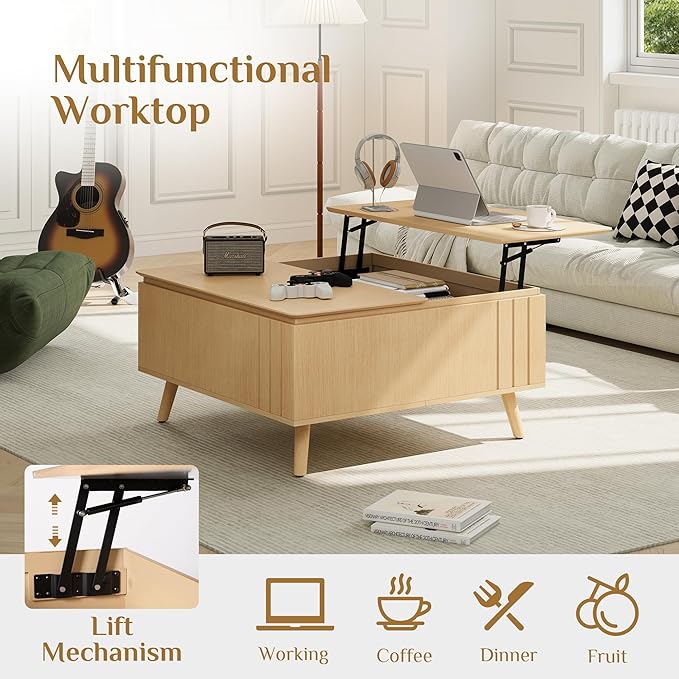 Lift Top Coffee Table with Storage,36" Large Square Coffee Tables for Living Room,Mid Century Modern Center Table for Home Office, Oak-Ruum Studio Home