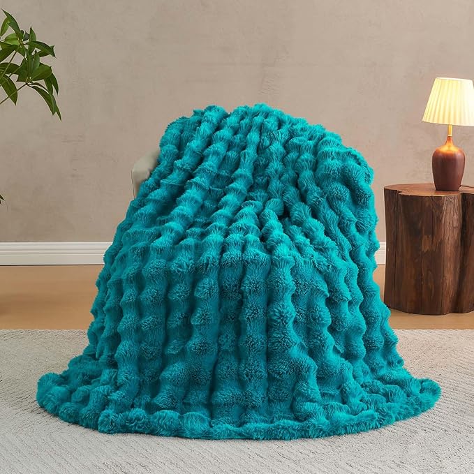 Lotus Karen Faux Fur Throw Blanket Teal - Big Bubble Rabbit Fluff Blanket for Couch Bed Sofa,Softest Fluffy Fuzzy Cozy Blanket,Thick Furry Plush Shaggy Warm Blankets for Women,60x80 Inches-Ruum Studio Home