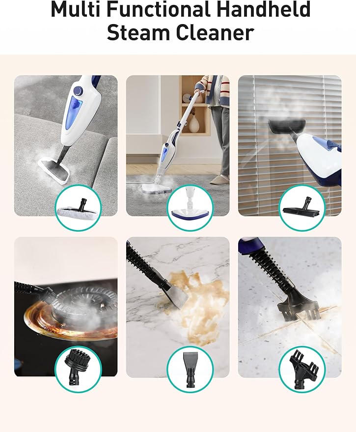12-in-1 Steam Mop, Fast 15-Sec Heat-Up, 1500W Detachable Handheld Steam Cleaner with 2 Dirt Grip Pads, Removes 99.99% Stubborn Stains for Hardwood Floors, Clothes, Windows, Tiles, Furniture, Blue-Ruum Studio Home