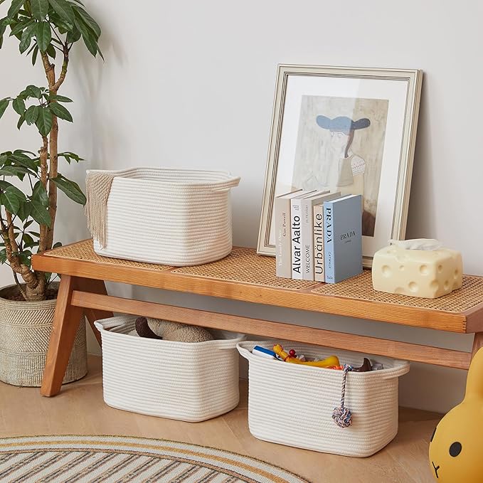 3 Packs Cotton Rope Woven Basket With Handles for Shelves -15"*10.2"*9.1"(White)-Ruum Studio Home