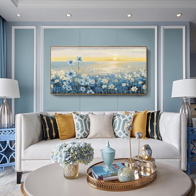Large Wall Art for Living Room Modern Framed Coastal Beachy Canvas Wall Art Big Floral Sunrise Blue Wall Picture Oversized Lake Nature Sunset Artwork for Office Bedroom Decor-Ruum Studio Home