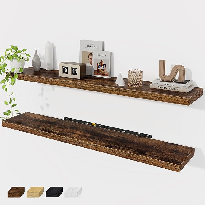 Fun Memories 55 Inch Floating Shelves for Wall 2 Pack Shelves for Bedroom|Kitchen|Bathroom 55 x 9.3 Inch Wood Floating Shelf with Invisible Brackets for Books|Storage|Decor, Rustic Brown-Ruum Studio Home