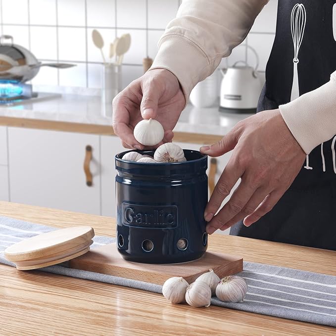 Large Garlic Keeper with Wooden Lid, Ceramic Garlic Holder Storage, Garlic Container for Kitchen, Garlic Saver to Keep Your Garlic Cloves Fresh Longer 4.5-Inch, Navy-Ruum Studio Home